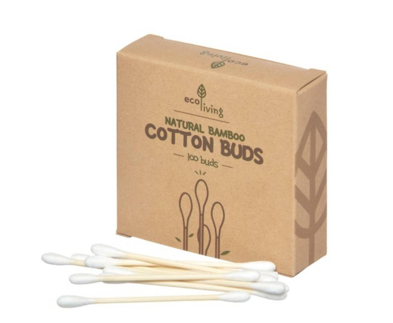 Box of natural bamboo cotton buds with packaging on a white background