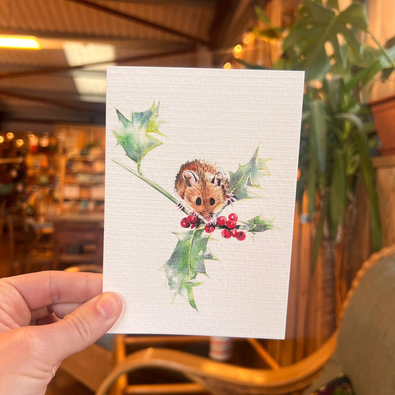 Mouse in Holly Christmas Card