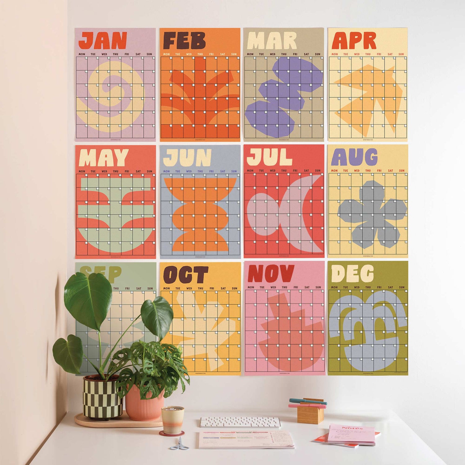 Large Monthly Undated A3 Wall Planner | 12 Pages | Earthy Shapes