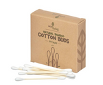 Box of natural bamboo cotton buds with packaging on a white background