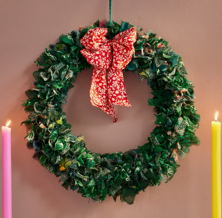 Recycled Sari Green Wreath with Red Bow