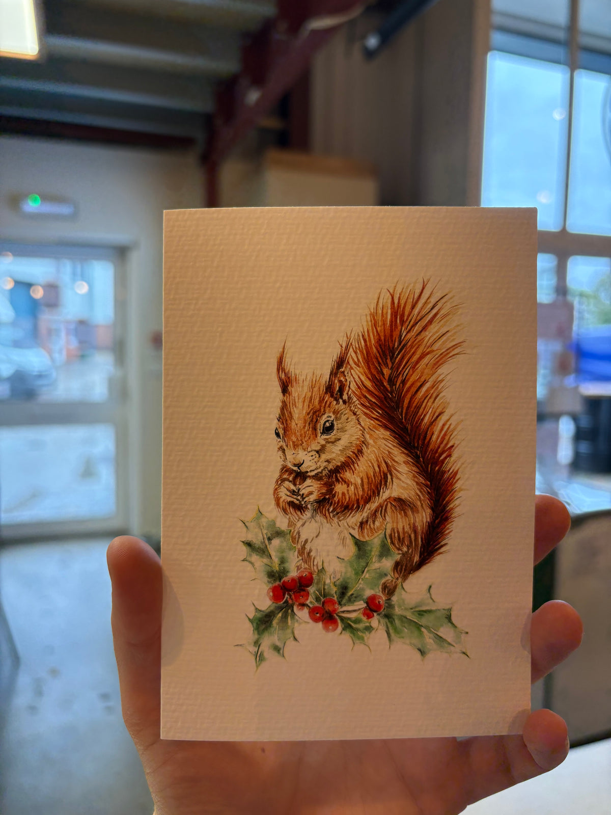 Christmas Squirrel in Holly Watercolour Greetings Card